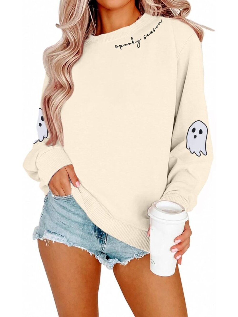 🆕 Women's Cream Spooky Season Ghost Sleeve Crewneck Halloween Sweatshirt Top